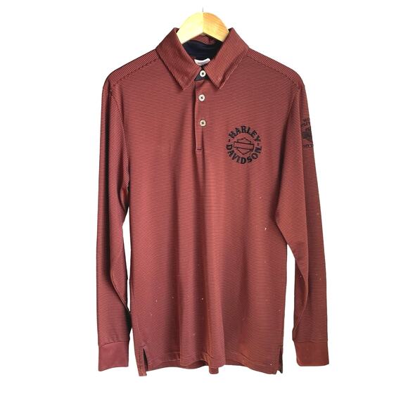 Harley Davidson Houston Mancuso Orange Black Striped Long Sleeved Polo Shirt M - Picture 1 of 11
